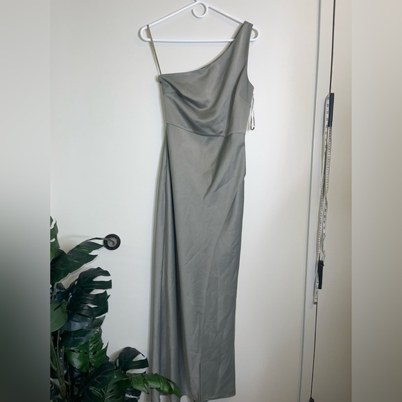 BHLDN Anthropologie Dylan One Shoulder Satin Side Slit Gown Green NEW Size 6 - Picture 8 of 13